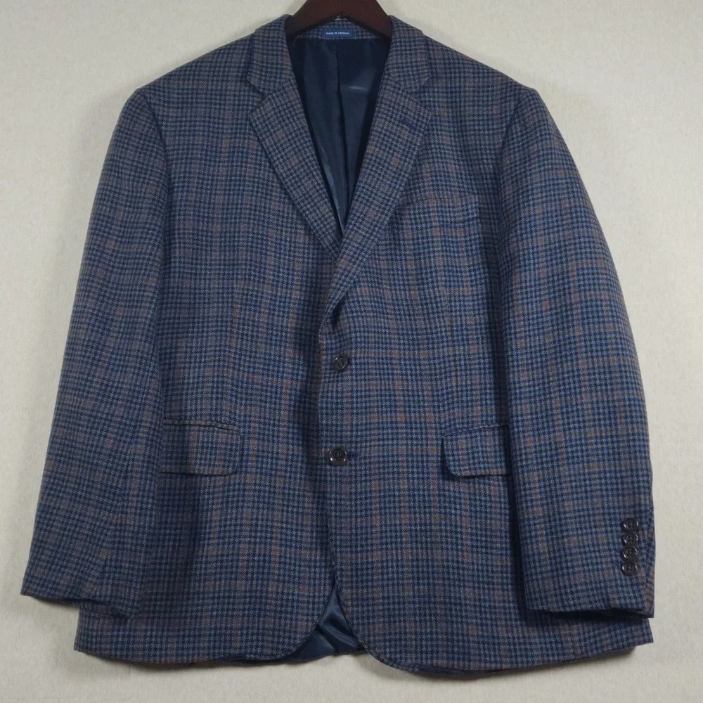Merino Wool Plaid Blazer Mens 44S Dark Academia Classic Fit Navy Sport Coat